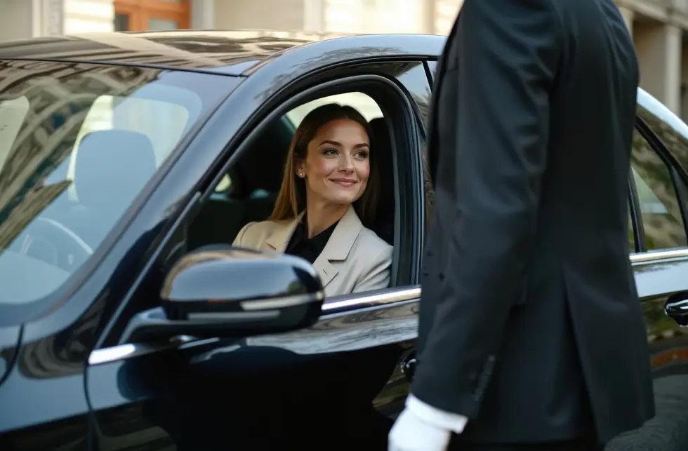 Femme souriante dans une voiture avec un chauffeur