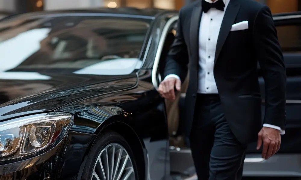 Homme en smoking sortant d'une voiture
