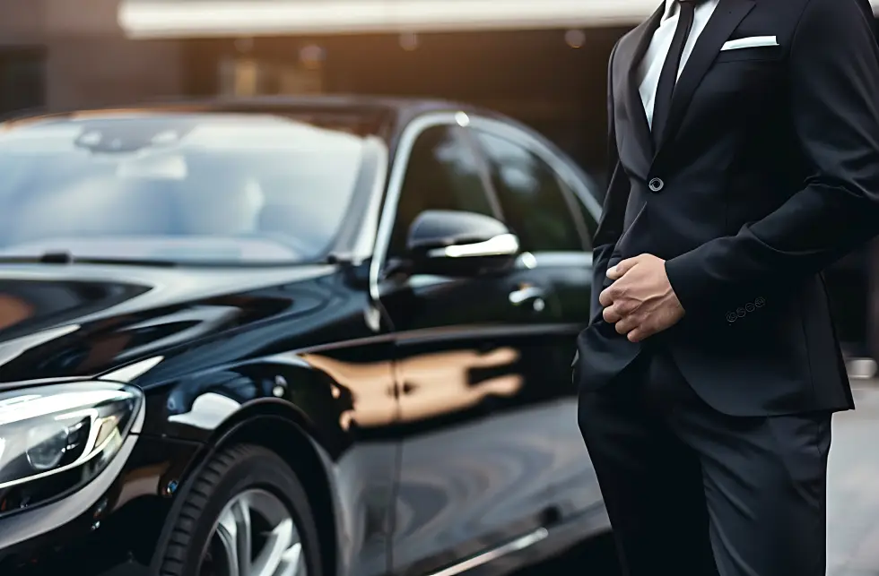 Homme en costume près d'une voiture noire